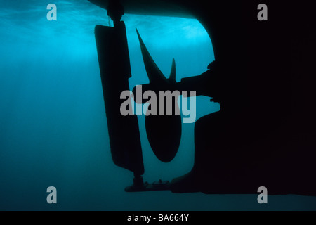 Motorboat hull and propeller seen from underwater in the California Channel Islands National Park. Stock Photo