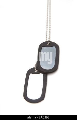 Military style dog tags isolated on a white studio background Stock Photo