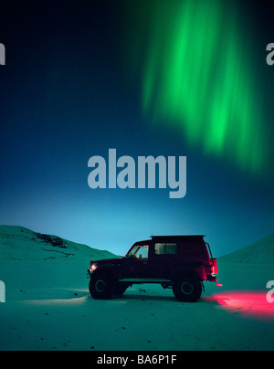 Jeep with Aurora Borealis or Northern Lights, Iceland Stock Photo