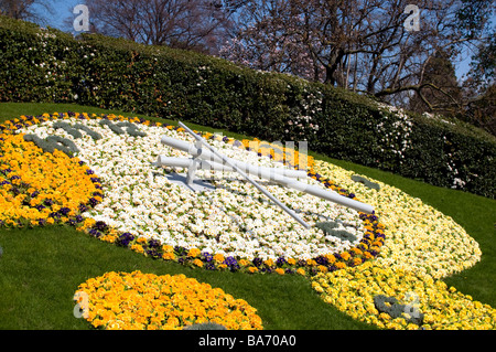 Floral (or flower) clock, one of the most famous landmarks of Geneva, Switzerland, sits in the Jardin Anglais (English Garden). Stock Photo