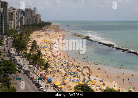 View of the crowded beach from Recife Palace Hotel, Recife, Pernambuco, Brazil, South America Stock Photo