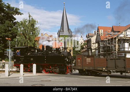 Werningerode, Harz narrow gauge railway line, steam locomotive, train, road intersection, Saxony Anhalt, Harz mountains, Germany Stock Photo