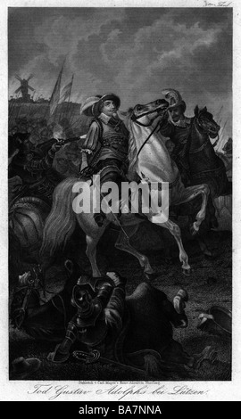 Gustavus Adolphus, 19.12.1594 - 16.11.1632, King of Sweden 30.10.1611 - 16.11.1632, death in the Battle of Luetzen, steel engraving, Carl Mayer, Nuremberg, 19th century, , Artist's Copyright has not to be cleared Stock Photo