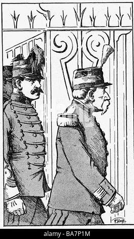 Dreyfus, Alfred, 9.10.1859 - 11.7.1935, French military officer, trial, Colonel Jouaust and the judges leaving the lyceum, Rennes, 9.9.1899, wood engraving after drawing by Fritz Wolff, 1899, , Stock Photo