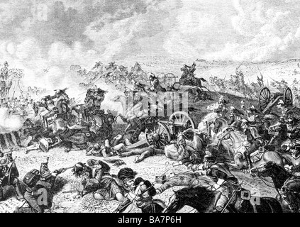 events, War of the Seventh Coalition 1815, Battle of Waterloo, 18.6.1815, charge of the French cavalry against the British center, wood engraving, 19th century, Marshal Michel Ney, cuirassiers, Napoleonic Wars, Hundres Days, Belgium, historic, historical, people, Stock Photo