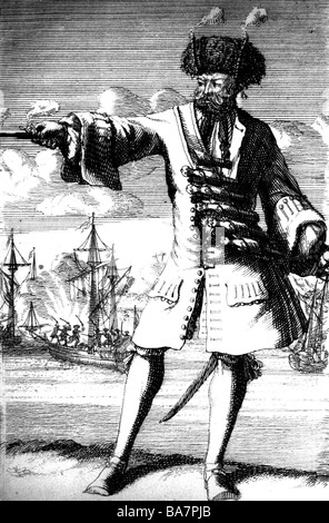 Teach, Edward, 'Blackbeard', circa 1680 - 22.11.1718, English pirate, full length, copper engraving, 18th century, later coloured, , Artist's Copyright has not to be cleared Stock Photo