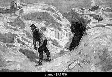 Nansen, Fridtjof, 10.10.1861 - 13.5.1930, Norwegian Polar explorer, scientist, expedition, carrying boats over ice, later wood engraving, 19th century, Stock Photo