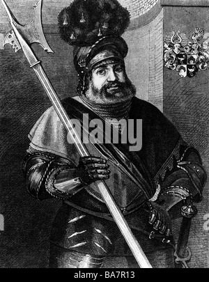 Frundsberg, Georg von, 24.9.1473 - 30.8.1528, German Landsknecht leader, half length in armour, engraving after painting by Christoph Amberger (circa 1500 - 1562), Castle Ambrass, Tyrol, Artist's Copyright has not to be cleared Stock Photo