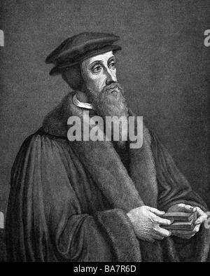 Calvin, John, 10.7.1509 - 27.5.1564, French reformer, half length, wood engraving, 19th century,  , Stock Photo
