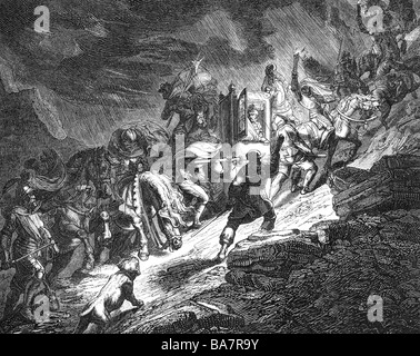 Charles V, 24.2.1500 - 21.9.1558, Holy Roman Emperor 26.10.1530 - 12.9.1556, flight to Villach, 1552, wood engraving, 19th century, ,