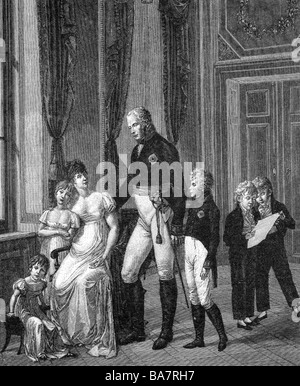 Frederick William III, 3.8.1770 - 7.6.1840, King of Prussia 16.11.1797 - 7.6.1840, with his wife Louise and the children Alexandrine, Charlotte, Frederick William, Charles and William, engraving by J. F. Krethlow, 1807, after a painting by Daehling, Artist's Copyright has not to be cleared Stock Photo