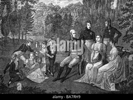 Frederick William III, 3.8.1770 - 7.6.1840, King of Prussia 16.11.1797 - 7.6.1840, with his wife Louise and the children Alexandrine, Charlotte, Frederick William, Charles, William and others, copper engraving by C. Meyer, after painting by Heinrich Anton Daehling, Artist's Copyright has not to be cleared Stock Photo