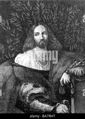 Ariosto, Ludovico, 8.9.1474 - 6.7.1533, Italian author / writer and politician, half length, wood engraving, after painting by Titian, 19th century, , Artist's Copyright has not to be cleared Stock Photo