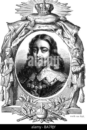 Charles I, 19.11.1600 - 30.1.1649, King of England, Scotland and Ireland 1625 - 1649, portrait with allegorical border, wood engraving, 19th century, after painting by Anthony van Dyck, Stock Photo