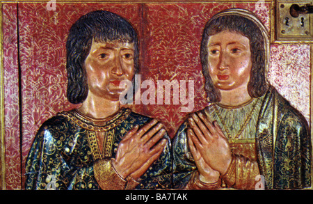 Ferdinand II, 10.3.1452 - 23.1.1516, King of Aragon 19.1.1479 - 23.1.1516, portrait, with his wife Queen Isabella of Castile (22.4.1451 - 26.11.1504), painting on a door, circa 1500,