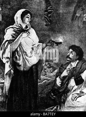 Nightingale, Florence, 15.5.1820 - 13.8.1910, British nurse, in the hospital of Scutari, 1854, drawing, 19th century, , Stock Photo