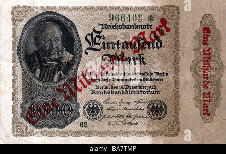 money / finance, banknotes, Germany, 1000 Mark, Reichsbank, Berlin, 15.12.1922, Stock Photo