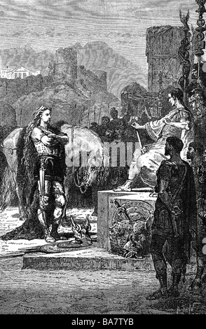 Vercingetorix, circa 82 - 46 BC, Gallic chieftain, surrendering before Julius Caesar, Alesia, 52 BC, wood engraving, 19th century, , Stock Photo