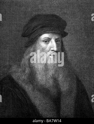 Leonardo da Vinci, 15.4.1452 - 2.5.1519, Italian artist (painter and sculptor), portrait, engraving by R. Morghen after self-portrait, Stock Photo