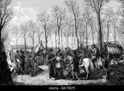 events, War of the Sixth Coalition 1812 - 1814, camp of the cossacks on Champs Elysees, Paris, April 1814, wood engraving, 19th century, Napoleonic Wars, France, occupation, allies, Russian cavalry, historic, historical, people, Stock Photo