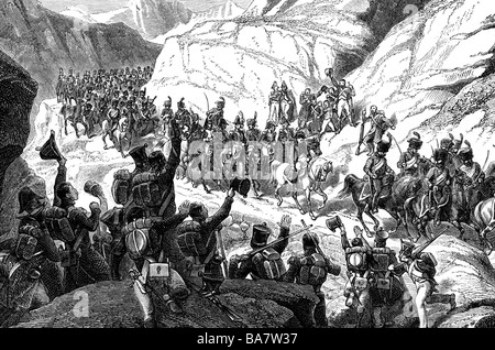 Napoleon I, 15.8.1769 - 5.5. 1821, Emperor of the French 2.12.1804 - 22.6.1815, crossing the Pyrenees into Spain, 1808, wood engraving, 19th century, Stock Photo
