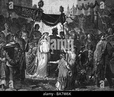 Frederick I 'Barbarossa', circa 1122 - 10.6.1190, King of Germany, Holy Roman Emperor 18.6.1155 - 10.6.1190, half length, wedding, with Beatrice of Burgundy, Wuerzburg, 1157, wood engraving, Stock Photo