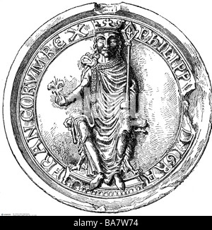 Philip II Augustus, 25.8.1165 - 14.7.1223, King of France  18.9.1180 - 14.7.1223, seal, wood engraving, 19th century, , Stock Photo