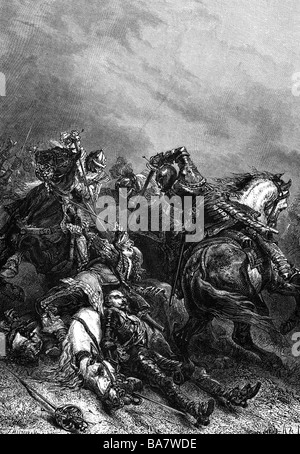 Gustavus Adolphus, 19.12.1594 - 16.11.1632, King of Sweden 30.10.1611 - 16.11.1632, death in the Battle of Luetzen, wood engraving after drawing by A de Neville, 19th century, , Stock Photo