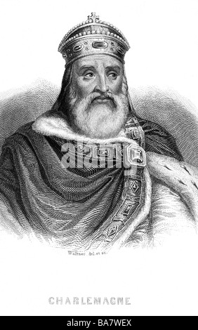 Charlemagne, 2.4.742 - 28.1.814, Roman Emperor 800 - 814, King of the Franks 768 - 814, portrait, steel engraving by Charles Waltner, 19th century, Artist's Copyright has not to be cleared Stock Photo