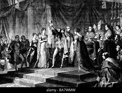 Napoleon I, 15.8.1769 - 5.5. 1821, Emperor of the French  2.12.1804 - 22.6.1815, baptism of his son Napoleon King of Rome, Paris, 1810, wood engraving, 19th century, Stock Photo