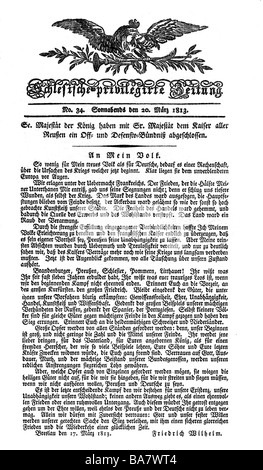 events, War of the Sixth Coalition 1812 - 1814, proclamation 'An mein Volk' ('To my People') of King Frederick William III of Prussia, 17.3.1813, 'Schlesische Privilegierte Zeitung', 20.3.1813, , Stock Photo