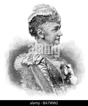 Christian IX, 8.4.1818 - 29.1.1906, King of Denmark 15.11.1863 - 29.1.1906, portrait of his woman, Louise of Hesse-Kassel (1817 - 1898), wood engraving, second half of the 19th century,