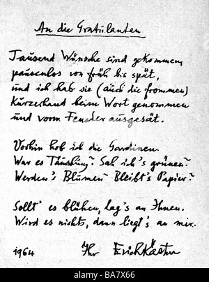 Kaestner, Erich, 23.2.1899 - 29.7.1974, German author / writer, thank-you note for the congratulations on his 65th birthday, 1964, Stock Photo