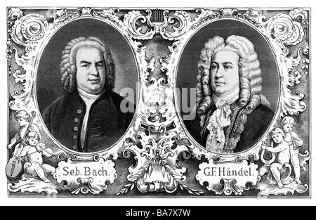 Handel, George Frederic, 23.2.1685 - 14.4.1759, German composer, portrait, Johann Sebastian Bach besides, wood engraving, 19th century, , Stock Photo
