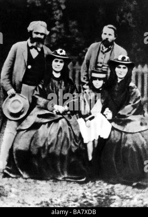 Marx, Karl, 5.5.1818 - 14.3.1883, German philosopher and journalist, group picture with his wife Jenny, daughter Laura and Eleanor and Friedrich Engels, after photography, circa 1865, Stock Photo