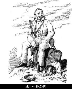 Boone, Daniel, 2.11.1734 - 26.9.1820, American pioneer and hunter, full length, with a dog, drawing by August Tschinke, 1948, Stock Photo