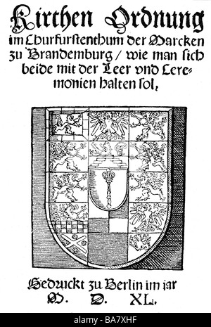 Joachim II Hector, 9.1.1505 - 3.1.1571, Elector of Brandenburg 1535 - 1571, his Church Order, title, Berlin, 1540,