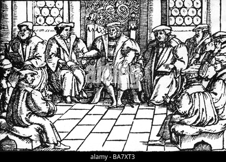 events, Protestant Reformation 1517 - 1648, Marburg Colloquy, 1.- 4.10.1529, woodcut, 1557, , Stock Photo