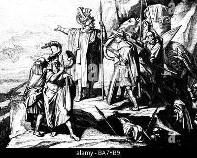 Second Punic War 218 - 201 BC, the Carthaginian army is crossing the Alps, 218 BC, Hannibal shows his soldiers the Po Valley, wood engraving after drawing by Alfred Rethel, 1842, Stock Photo