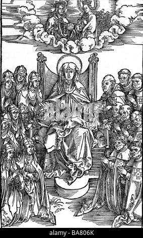 Birgitta, circa 1303 - 23.7.1373, Saint, founder of the Bridgettine Order (circa 1346), cover of 'Book of holy revelation', Nuremberg 1502, woodcut attributed to Albrecht Dürer, , Artist's Copyright has not to be cleared Stock Photo