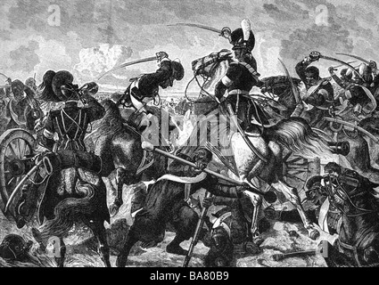 events, War of the Sixth Coalition 1812 - 1814, Battle of Brienne, 29.1.1814, charge of Bavarian cavalry, wood engraving after painting by Feodor Dietz, 19th century, Napoleonic Wars, France, attack, historic, historical, people, Stock Photo