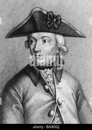 Trenck, Friedrich Freiherr von der, 16.2. 1726 - 25.7.1794, Prussian military officer and adventurer, half length, copper engraving by Gustav Zunpe, 18th century, , Artist's Copyright has not to be cleared Stock Photo