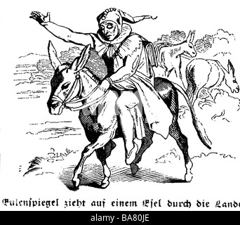 Eulenspiegel, Till (1300 - 1350), German joker, full length, riding donkey, woodcut, 19th century, Stock Photo