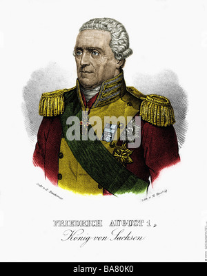 Frederick Augustus I, 23.12.1750 - 31.5.1827, King of Saxony 11.12.1806 - 31.5.1827, portrait, lithograph, by M. Knaebig, early 19th century, later coloured,
