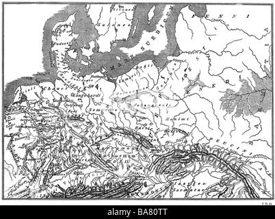 cartography, historical maps, ancient world, Germania at the time Tacitus, late 1st century, 'Atlas antiquus' by Heinrich Kiepert, Berlin, 1861, , Stock Photo