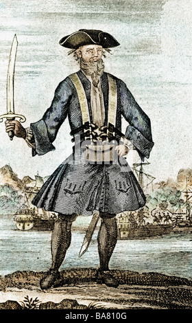 Teach, Edward, 'Blackbeard', circa 1680 - 22.11.1718, English pirate, full length, copper engraving, 18th century, later coloured, , Artist's Copyright has not to be cleared Stock Photo