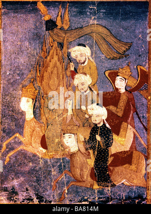 Muhammad (Abu al Kasim Muhammad ibn Abdallah), circa 570 - 8.6.632, Arabian Prophet, founder of Islam, with flame head and caliph and archangel Gabriel, Islamic miniature, Artist's Copyright has not to be cleared Stock Photo