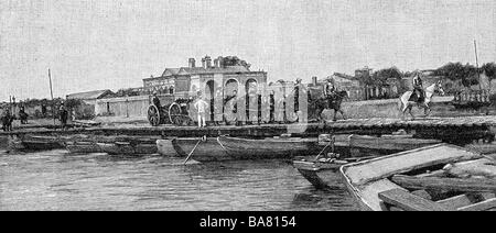 geography / travel, China, politics, Boxer Rebellion, German marine artillery crossing the Hai River, engraving, Germany, 1900, Stock Photo