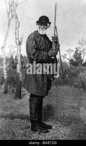 Turgenev, Ivan, 9.11.1818 - 3.9.1883, Russian author / writer, full length, wearing hunting clothes, after etching by Ivan Petrovich Poshalostin, 1884, Stock Photo