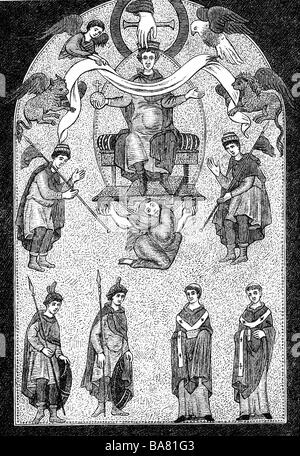 Otto III, 15.7.980 - 24.1.1002, Holy Roman Emperor 21.5. 996 - 24.1.1002, on the throne, Aachen Liuthar Book of Gospels, Reichenau School, circa 1000, wood engraving, 19th century, , Stock Photo